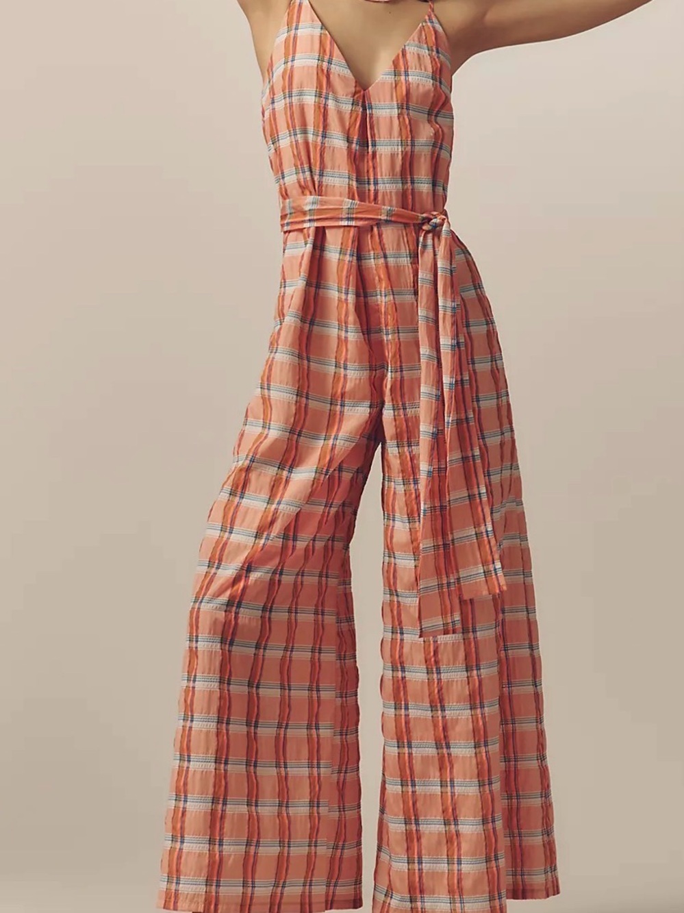 Anthropologie Peach Plaid Wide-Leg Jumpsuit *NWT